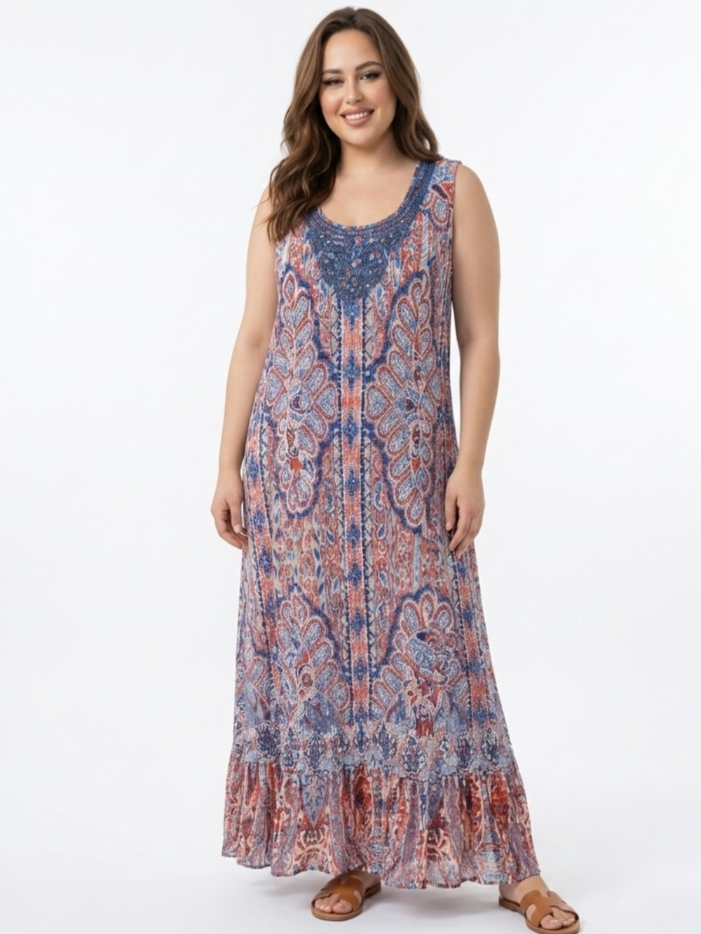 Reba Sleeveless Paisley Maxi Dress in Blue and Coral Size 2X